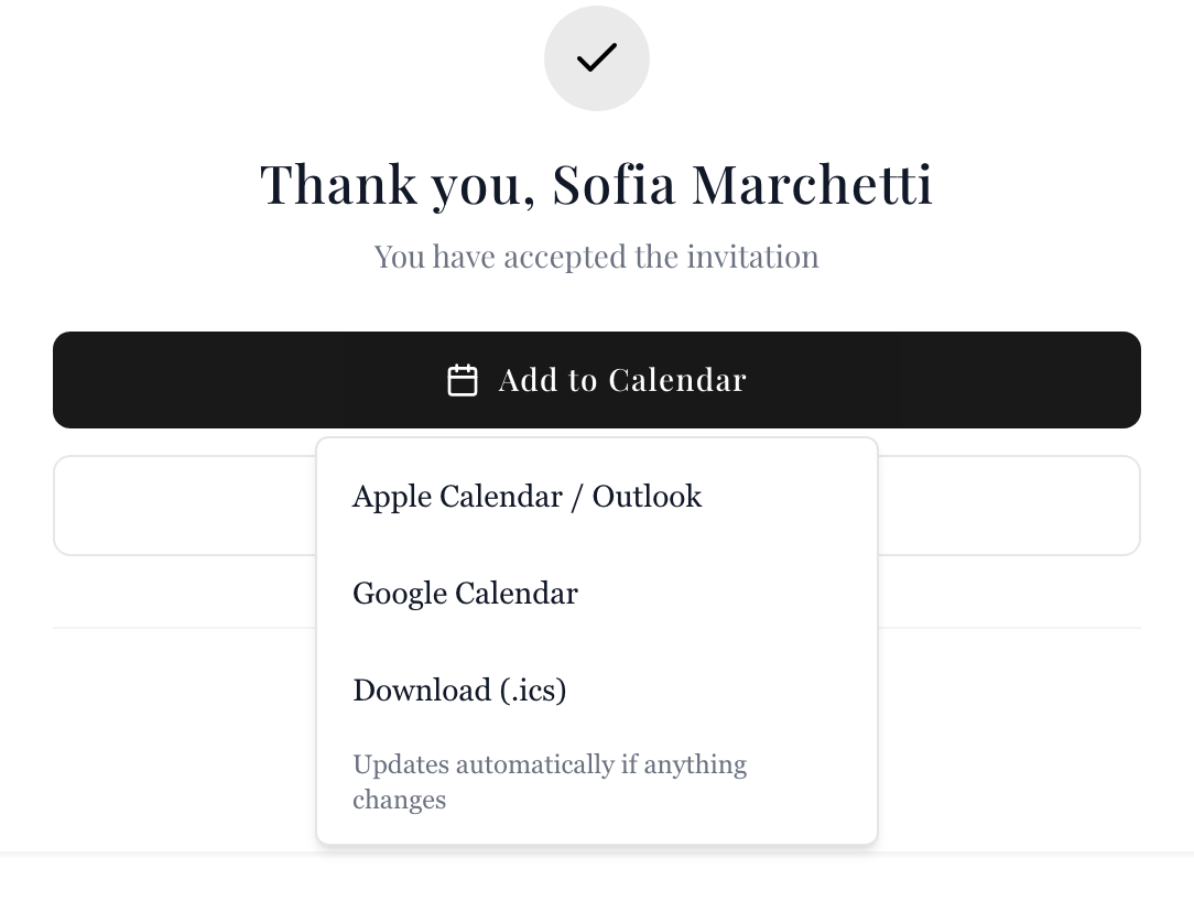 The Add to Calendar menu on a guest's RSVP confirmation, with Apple Calendar or Outlook, Google Calendar and a downloadable file.