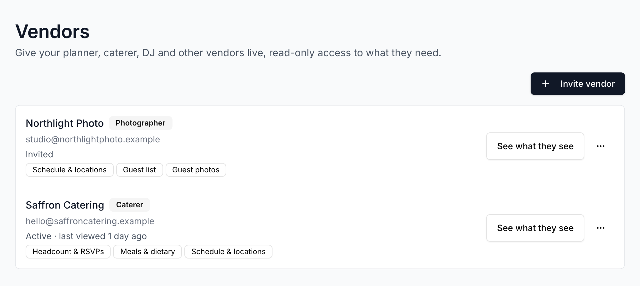 The Vendors page listing a photographer and a caterer, each with the sections they can see, such as headcount, meals and schedule.