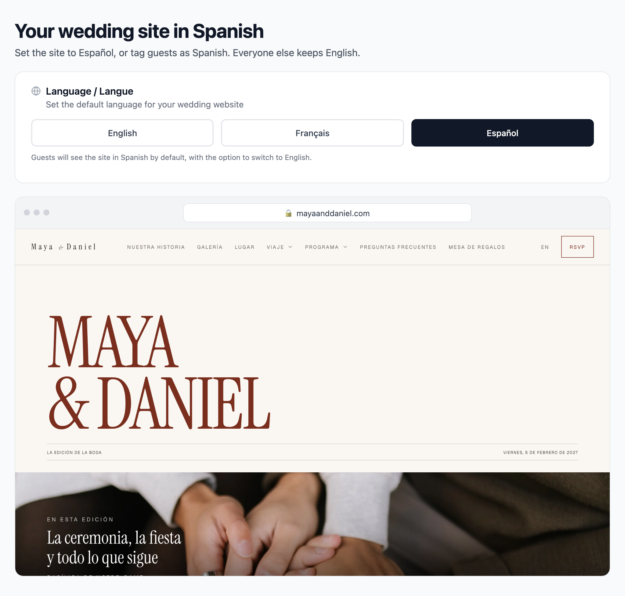 The Language setting with Español selected, above Maya and Daniel's wedding site at mayaanddaniel.com shown in Spanish, with Nuestra historia, Galería and Programa in the menu.
